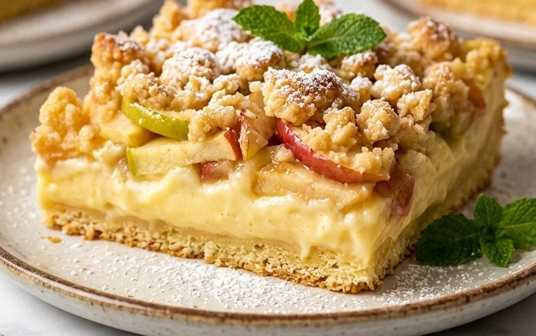 Apfelkuchen vom Blech - mit Pudding und knusprigen Streusel