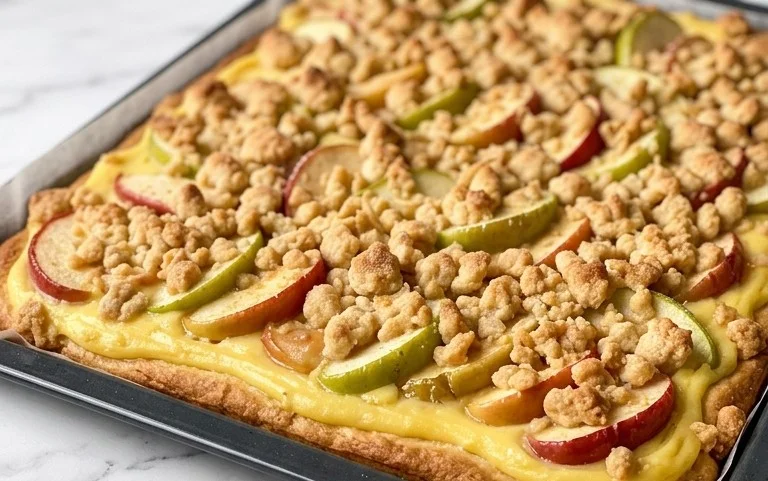 Apfelkuchen vom Blech - mit Pudding und knusprigen Streusel